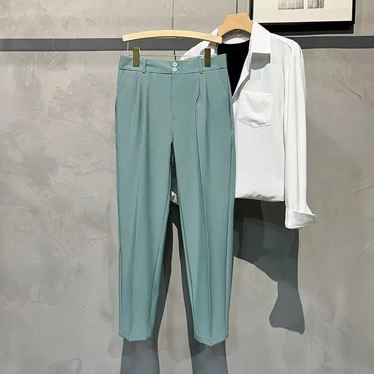 Straight Slim Fit Man 9 Cropped Suits Pants Vintage Elegant Suit Trousers for Men Summer 2025 Work Wear Fashion Luxury Clothing