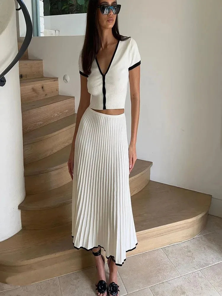 Summer Women White long Skirt Suit Short Sleeve V-neck crop top pleated set elegant dress 2 piece skirt set