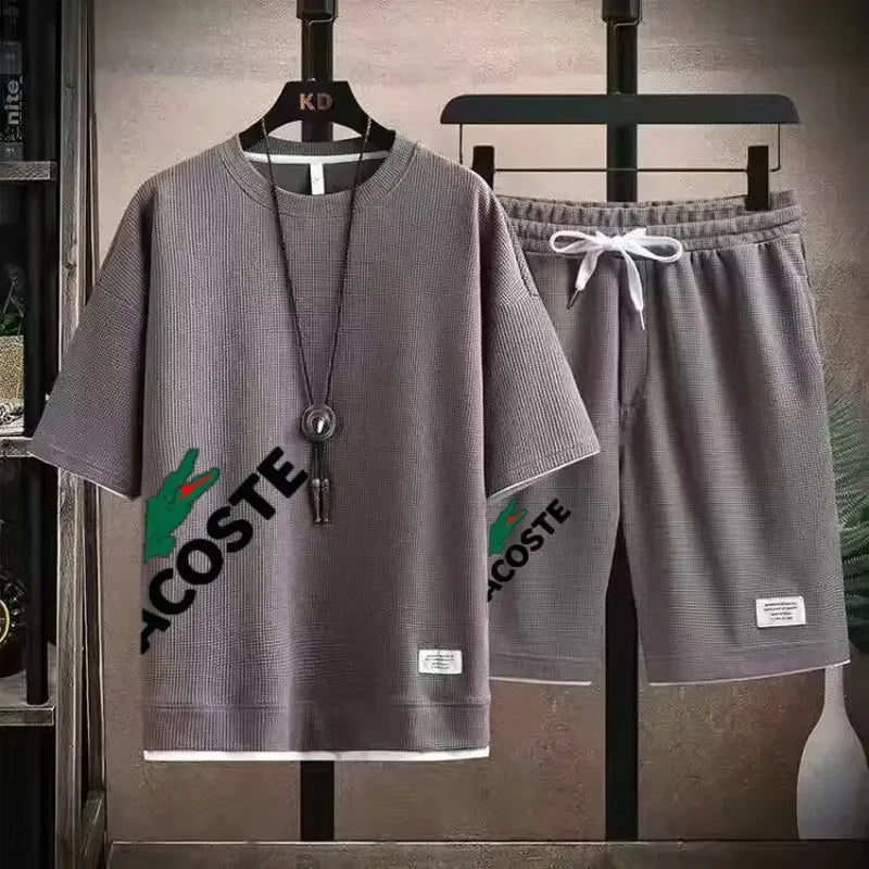 2025 kompletov dveh kosov, vafeljskih odtisov, moških kratkih hlač, poletnih športnih oblačil, moških mode, udobja in mode, športnih oblačil