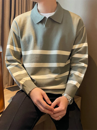 Efterår enkel lapel stribet sweater til mænd afslappet vintage koreansk mode strikstøj top ny y2k løs strikket pullover jumper