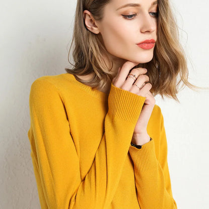 Women Slim O-Neck Solid Pullover Cashmere Wool Blending Sweater Autumn And Winter Long-Sleeved Knit Bottoming Shirt Large Size