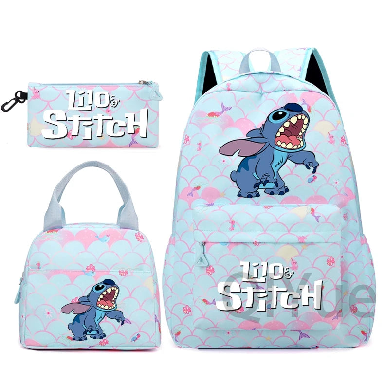 Disney Lilo Stitch Backpack Set for Girl Teen Student Back To School Knapsack Women Rucksack Mermaid Style Lunch Bag Pencil Case