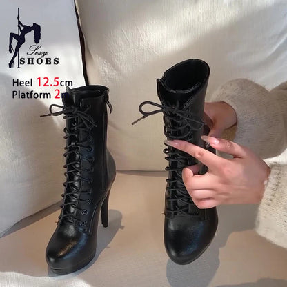 Elegant Woman Heeled Shoes 12.5CM Black Matte Low Female High Heel Platform Ankle Boots for Women Round Toe Boots Footwear