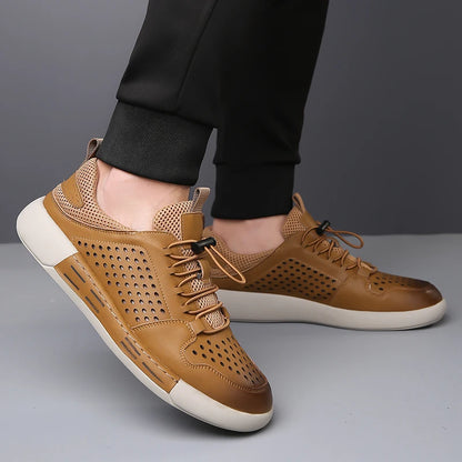 Summer Men's Hollow Breathable Leather Boots Outdoor Flat Bottomed Comfortable Sports Shoes Fashionable and Casual Oxford Shoes