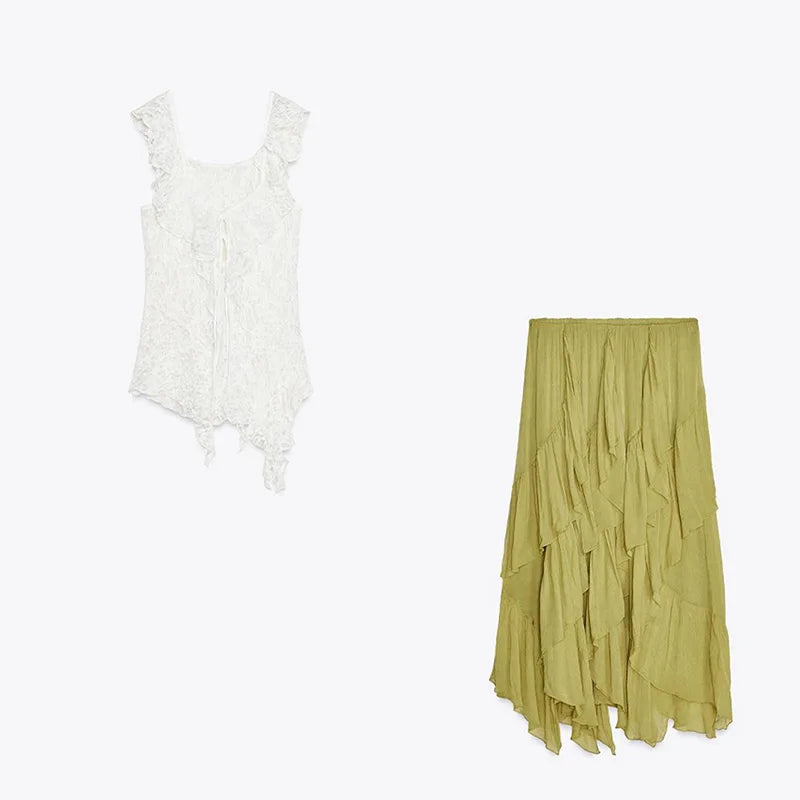 Tyylikäs röyhelöhame pitsi Top Set Naiset Hihaton Hollow Out Vest Cascading Ruffles Pitkät hameet puku 2025 Summer Chic Lady Setes