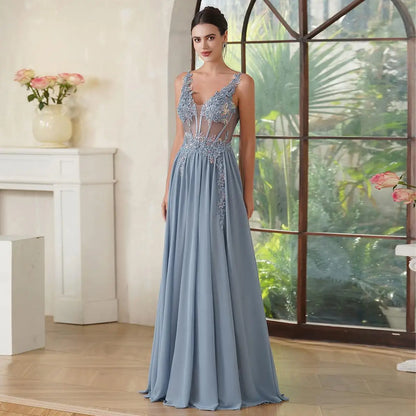 Spaghetti Straps Marine Blue A Line Evening Kleider 2025 Elegante Perlen Applikationen Illusion Prom Kleider formelle Party Vestido de Gala