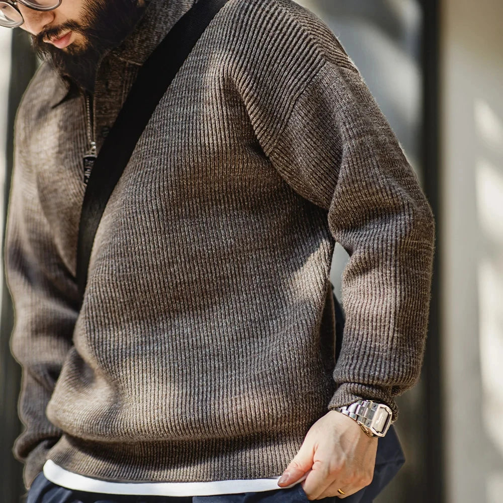Maden Polo retro Polos de punto suelto Coffee Color Lapel Ségano Otoño Invierno Invierno Tío Fu Jumper