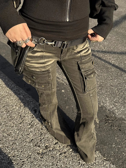 REDDACHiC Black Low Waist Cargo Jeans 2000s Distressed Whiskers Multi-pocket Stretch Bootcut Pants Women Retro Grunge Streetwear