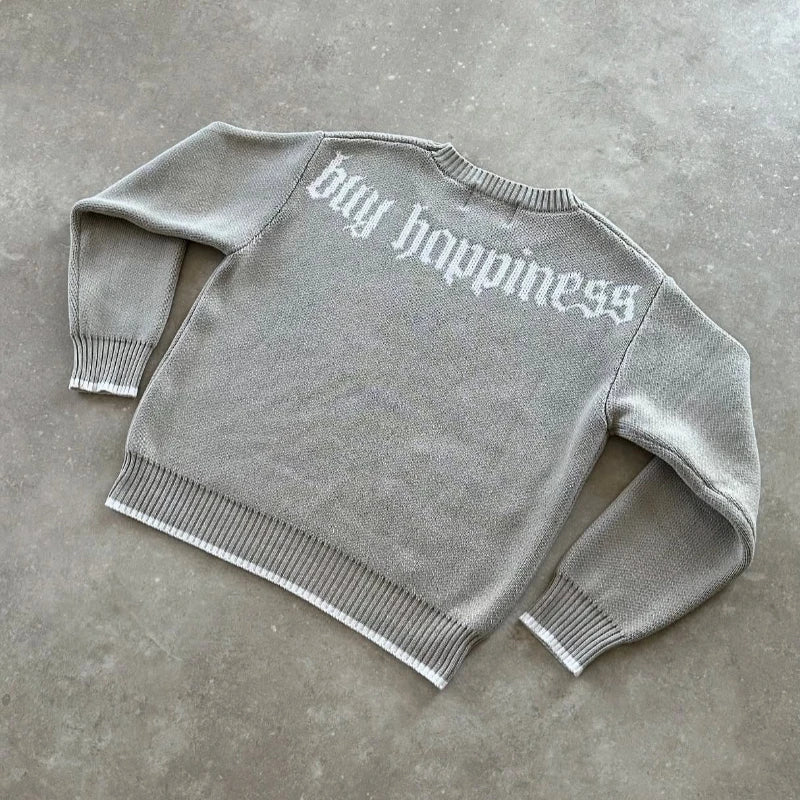Y2k harmaa pitkähihainen villapaita dollarin goottilainen kirjonta pullover goth retro rento katuvaatteet vanhat rahat miehet boxy neulottu vaatteet