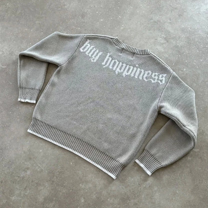 Y2k harmaa pitkähihainen villapaita dollarin goottilainen kirjonta pullover goth retro rento katuvaatteet vanhat rahat miehet boxy neulottu vaatteet