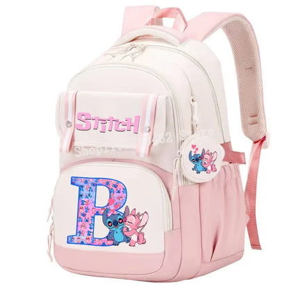 Stitch Angel Backpack Girls Disney Anime Letter A-Z Schoolbags Student School Shoulders Bag Outdoor Sport Travel Rucksack Gift