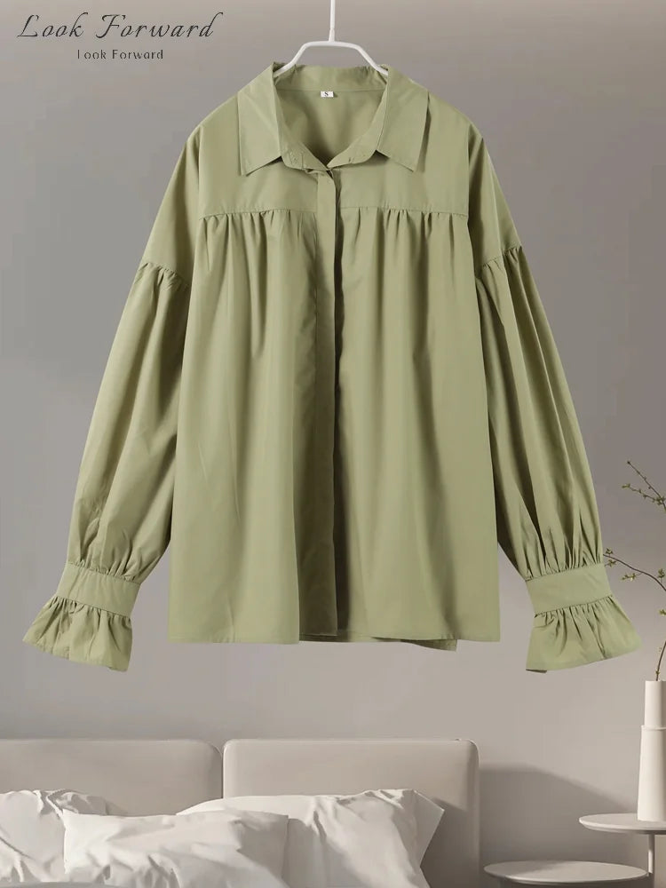 Casual Shirts Women Loose Lantern Sleeve Buttons Turn-Down Collar Pleated Blouse Lady Spring Summer Green Shirts Woman All-match