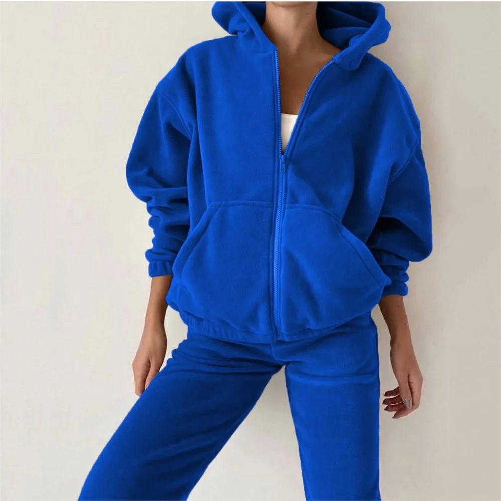 Frjálslegur konur Polar Fleece Hoodie Two Piece Sets Fashi