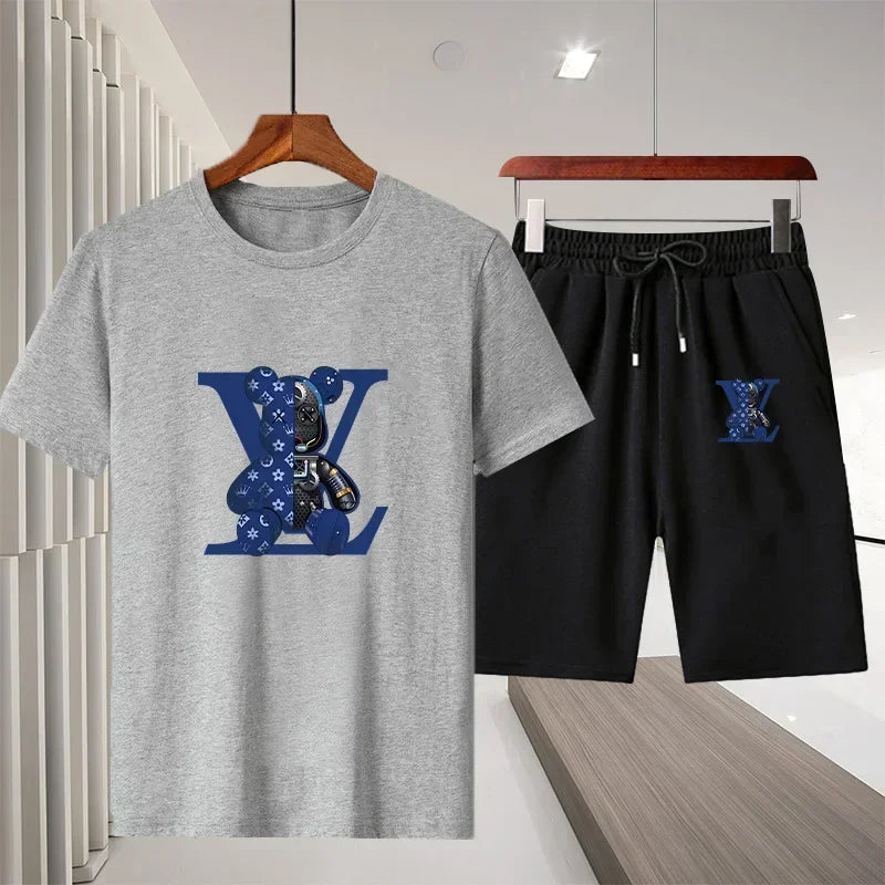 Ny 2025 Summer Leisure Men's Sports Suit Outdoor vandring Jogging Men's Short Sleeve Breattable T-shirt + Shorts Two-Piece Set