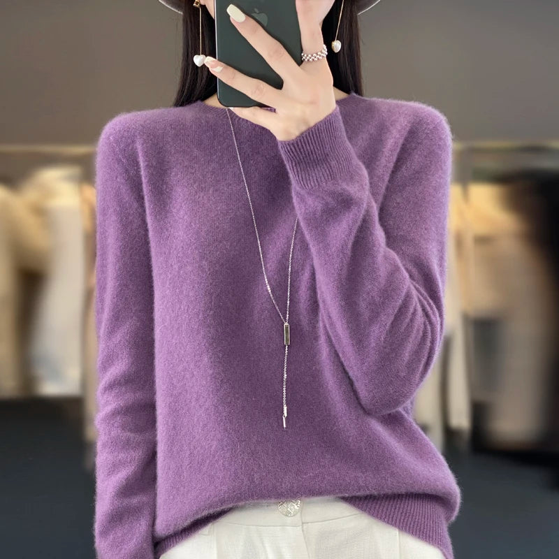 Autumn Winter 100% Merino Wool cashmere Sweater O-Neck Long Sleeve Cashmere Women Knitted Pullover Clothing Top
