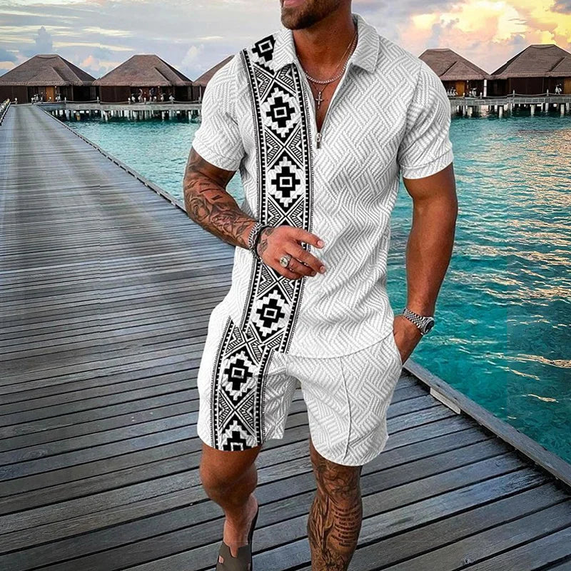 3D Print Nationality Style Men's Short Sleeve Sets Fashion Tee Shorts 2 Piece Outfit Casual Zipper Polo Shirts Summer Loose Suit