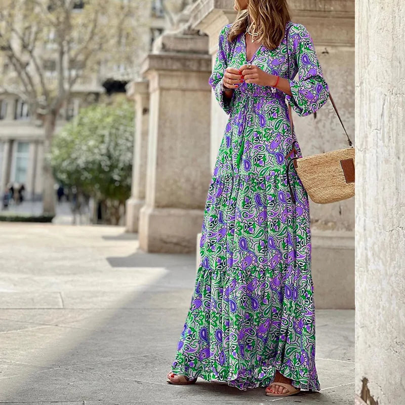 Frauen Herbst neue modische gedruckte sexy V-Ausschnitt Langhülse hohe Taille elastische Taille mittlere Länge Bohemian Kleid