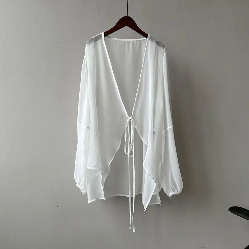 Cămăși pentru femei în v-gât liber cu mânecă lungă cusătură deschisă în stil coreean dantelă simplă Simp solid de vară șifon Minimalist Minimalist Elegant