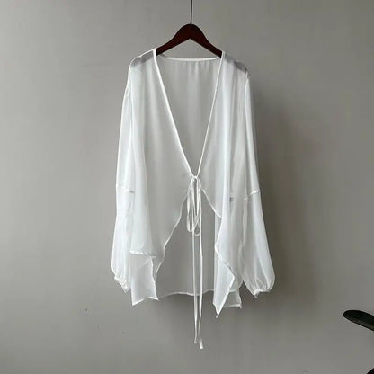 Cămăși pentru femei în v-gât liber cu mânecă lungă cusătură deschisă în stil coreean dantelă simplă Simp solid de vară șifon Minimalist Minimalist Elegant