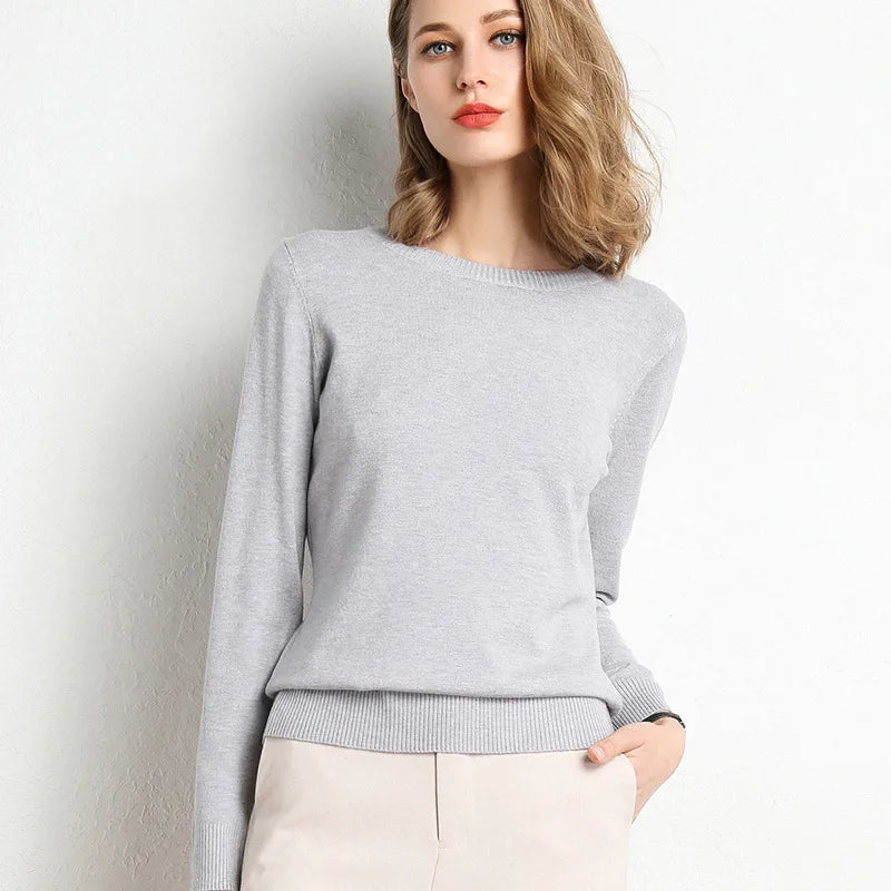 Women Slim O-Neck Solid Pullover Cashmere Wool Blending Sweater Autumn And Winter Long-Sleeved Knit Bottoming Shirt Large Size