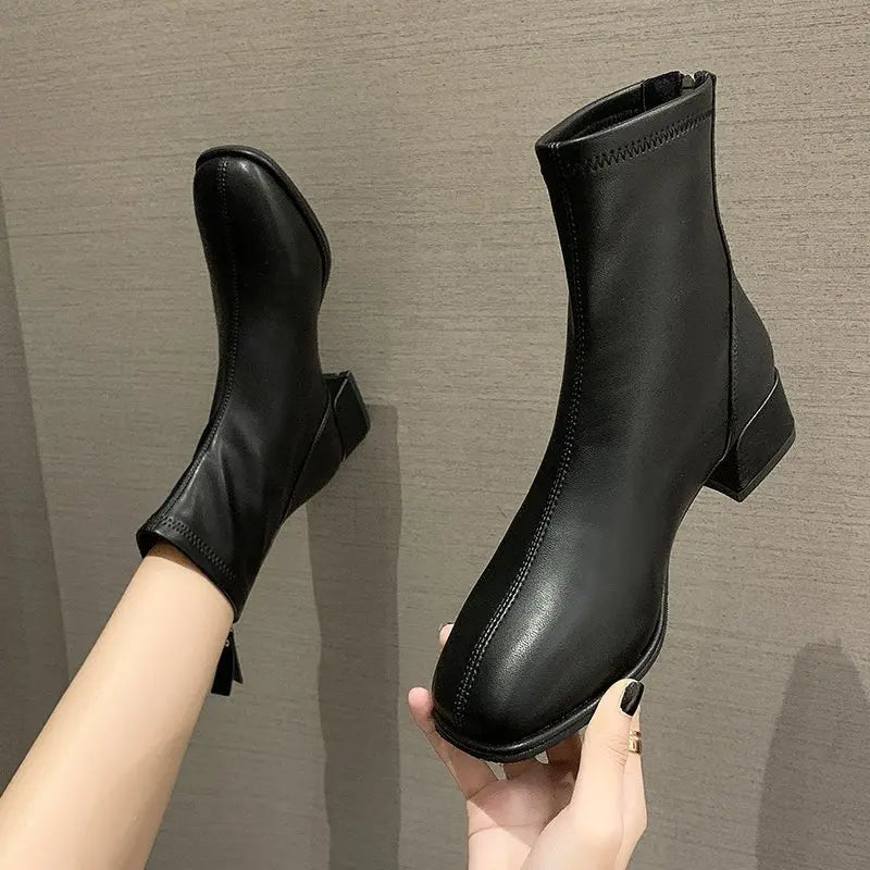 Elastic Socks Boots Women Ankle Boots Women Pumps Heel Thicks  Heel Square Toe Short Boots Retro 2024 New Women Shoe Botas Mujer