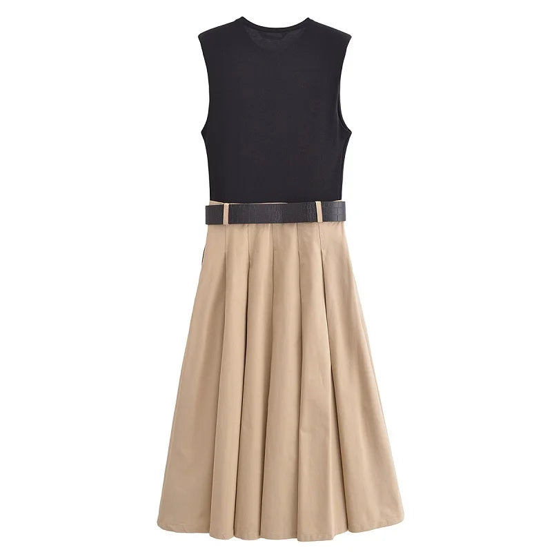 Mujer 2025 Frau Kleider Gürtel Plissee Midi Kleiderinnen Frauen ärmellose Sommerkleid Frau Strickpartykleider für Frauen Sunddress