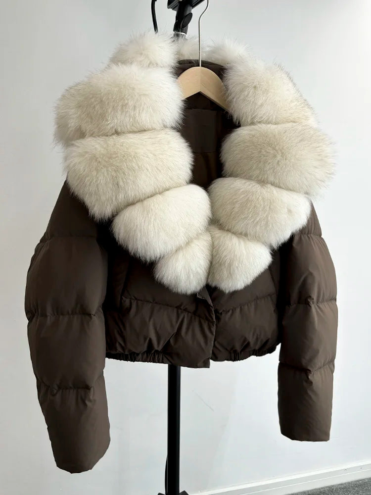 Janveny Big Natural Fox Fur Coat Women 2025 Autumn Winter Female Parkas 90% White Duck Down Jacket Feather Short Puffer Coat