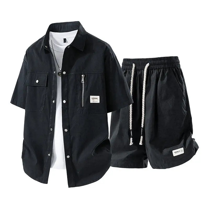 Men's Summer Casual Versatile Fashionable Cool Short-Sleeved Shirt And Shorts Set Trendy Business Casual Outfit