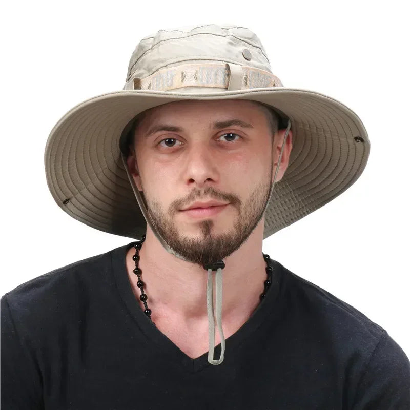 Sommer Männer Eimer Hut Outdoor UV Schutz Weites Schwim Panama Safari Jagd Wanderhut Mesh Fisherman Hut Strand Sonnenschutzmütze