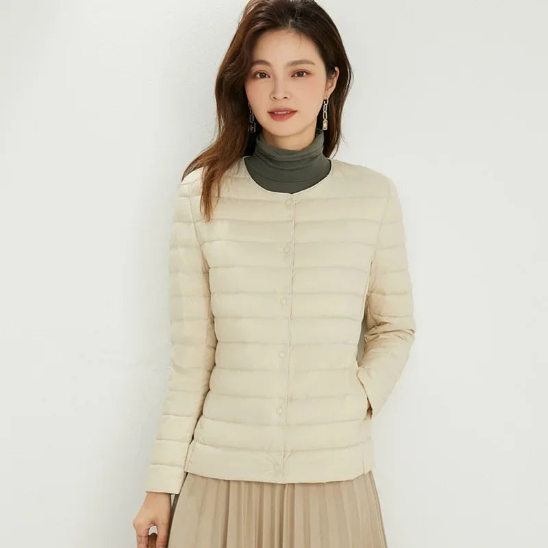 2024 Fall Spring Autume Collarless Light Quilted Puffer Coat New Women Liner Duck Down Jacket O-neck Variable V-neck Female