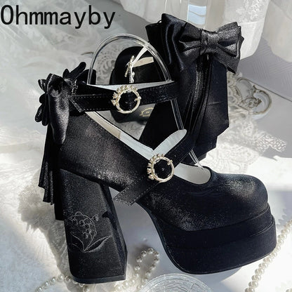 Plataforma de verano Mujeres de tacón alto Lolita Mary Jane Zapatos Fashion Butterfly-Nook-Stripper Party Pombs zapatos