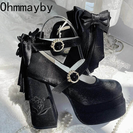Summer Platform High Heel Women Lolita Mary Jane Shoes Fashion Butterfly-knot Stripper Party Dress Pumps Shoes