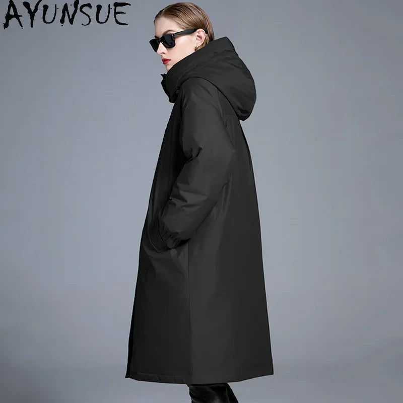 AYUNSUE White Duck Down Puffer Jacket Women Clothing 2024 Long Down Coats New in Outerwears Winter Windproof and Warm Coat Парки