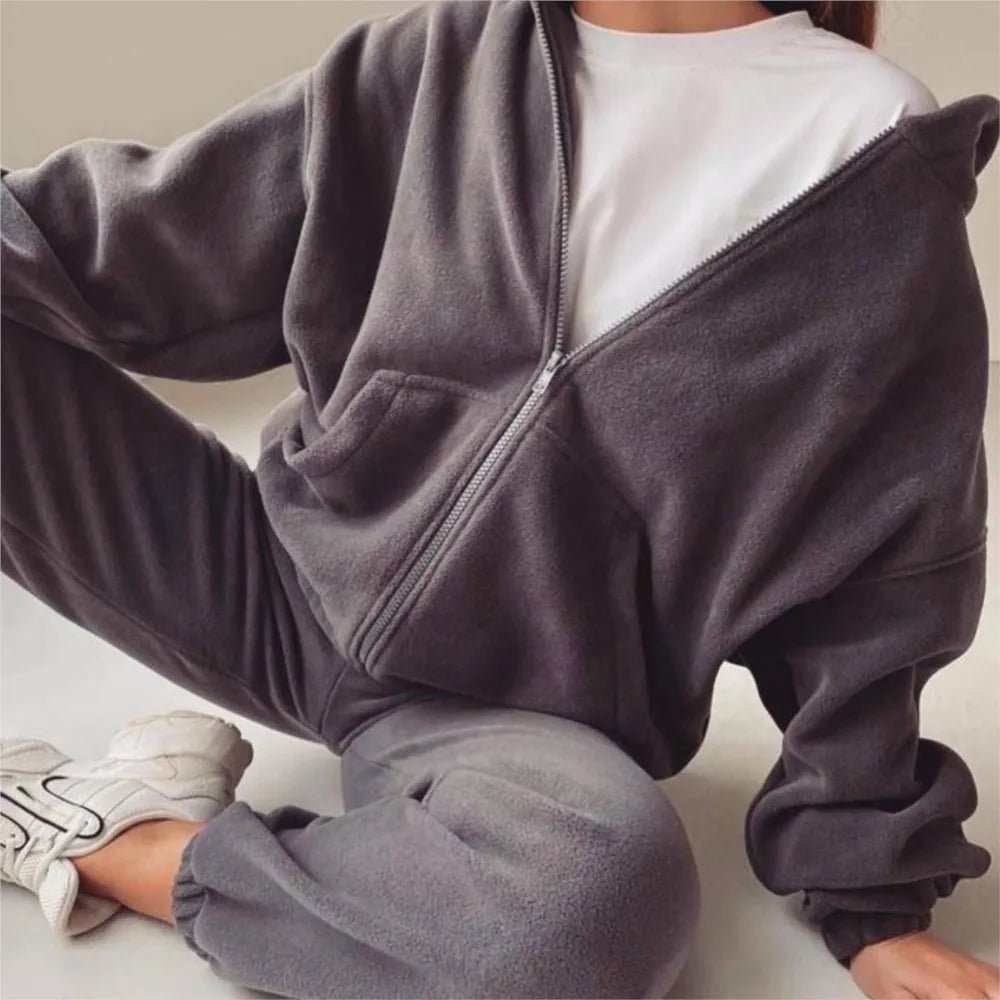 Frjálslegur konur Polar Fleece Hoodie Two Piece Sets Fashi