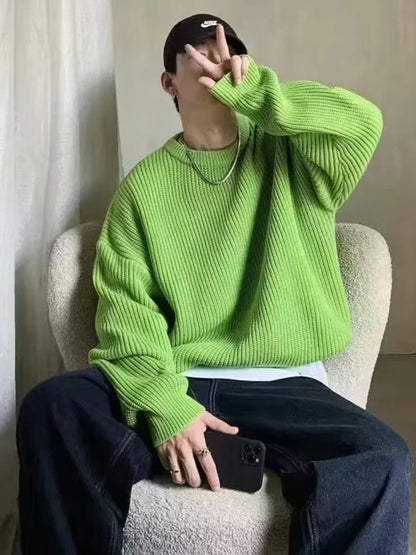 2025 Haust áhafnarháls Solid Color Pullover peysur fyrir karla frjálslegur y2k prjónað peysa High Street Fashion Jumpers Hombre