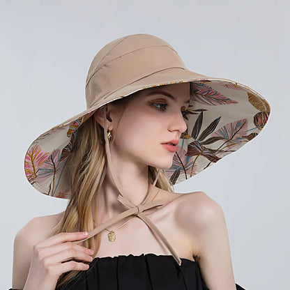Women Cotton Wide Brim Sun Hats Metal Wired Edge Summer UV Protection UPF Boho Hat for Beach Hiking Garden Travel Chin Strap