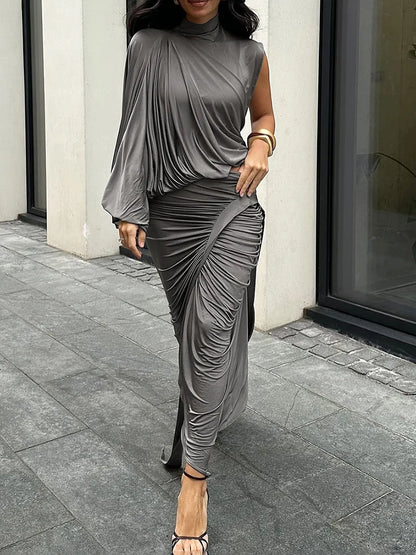 Nibber Sommer Y2K Solid Style 2Piece Set Women Turtleneck Single Schulterhülle Tops+gerissene lange Röcke Mode elegante Outfits
