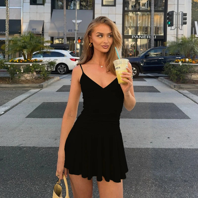 WHEREMERY Casual Solid Off Shoulder V-Neck Slim A-Line Dress Sexy mode mouwloze streetwear mini-jurken zomer nieuwe vestidos