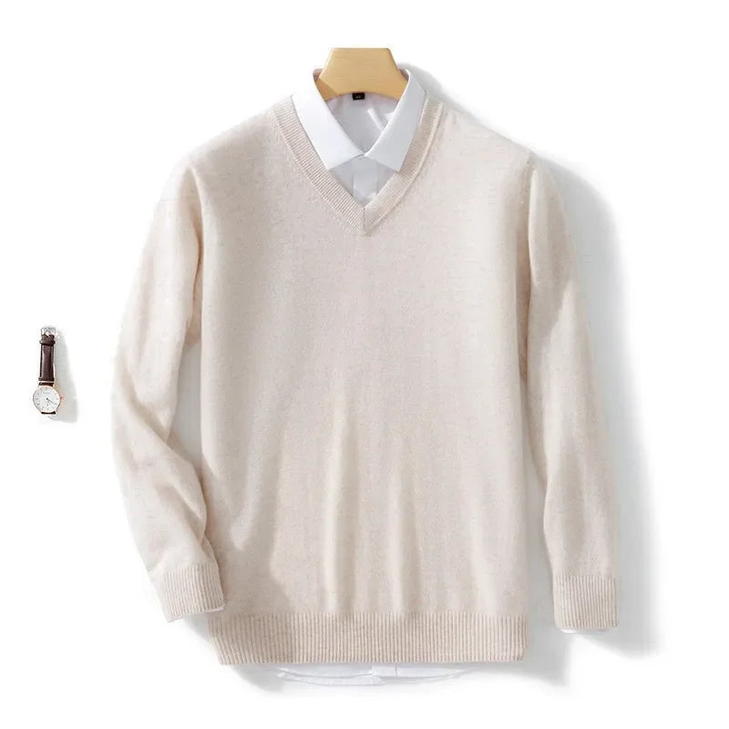 Soft Cashmere Sweater Men's Clothing Autumn Winter Pullover Business Casual Bottom V-neck Knitted Woolen Slim Fit Knitwear Male