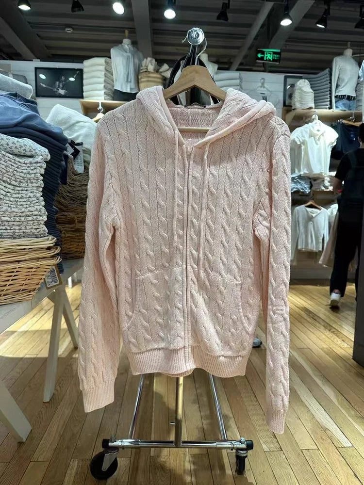 Cardigans de malha rosa de flor torcido Mulheres Autumn Capuzes Capuz Zipper suéter sólido Súlito doce solto casacos y2k