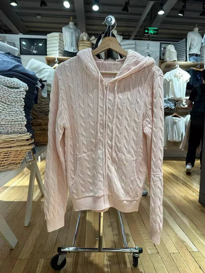 Cardigans de malha rosa de flor torcido Mulheres Autumn Capuzes Capuz Zipper suéter sólido Súlito doce solto casacos y2k