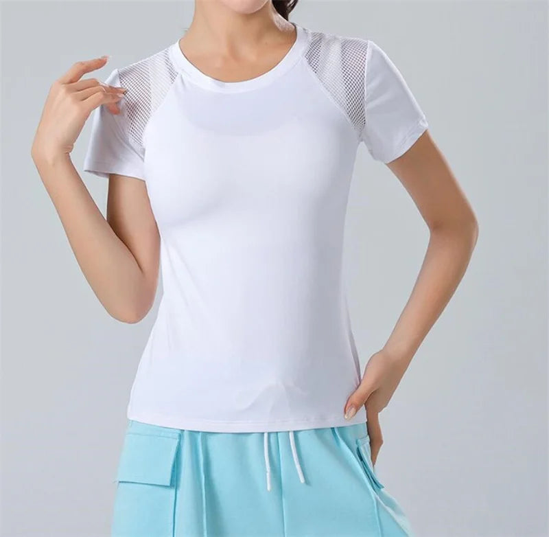 Pofybofy Mesh Stitching Reflectiv Strip Back Dry Dry Elastic Elastic Respirabil de bază cu mânecă scurtă cu mânecă Yoga Tricou Femei Gimnastică Fitness Top