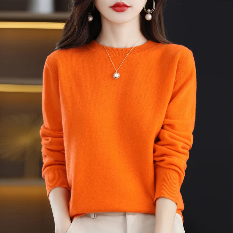 100% pure wool cashmere sweater women's O-neck pullover casual knitted coat autumn and winter women's coat basic 18 colors
