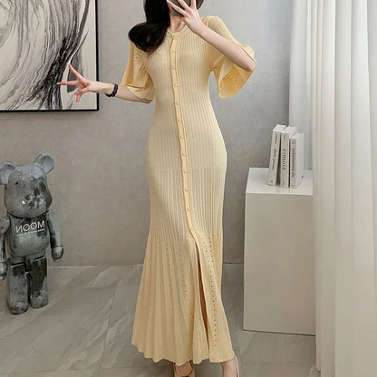 Sommermodische modische Openwork French Slimming A-Line Kurzarm gestricktes Kleid, Fishtail Long Kleid für Frauen