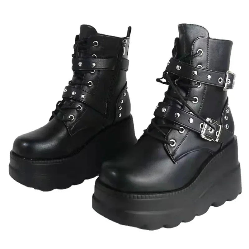 Nieuwe dames pu lederen enkelschoenen vrouwen herfst winterronde teen veterschoenen vrouw motorfiets platform bota's gotische schoenen