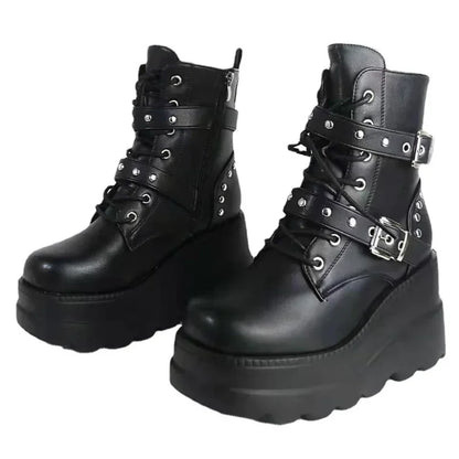 Nieuwe dames pu lederen enkelschoenen vrouwen herfst winterronde teen veterschoenen vrouw motorfiets platform bota's gotische schoenen