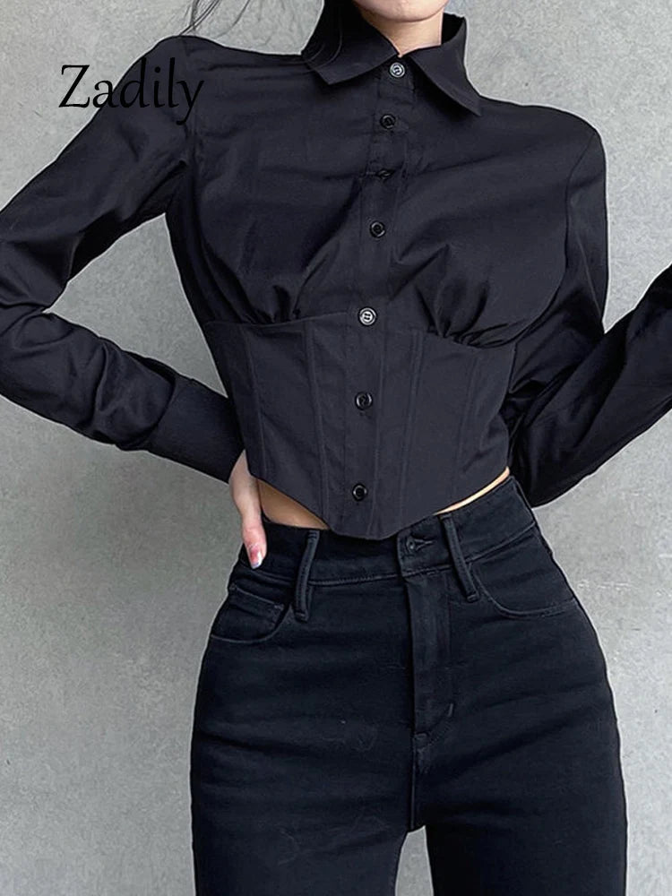 2025 proljetna seksi žena s dugim rukavima bijela košulja bluza korejski stil gumb gore vitki struk y2k crop vrhovi ženska cardigan odjeća