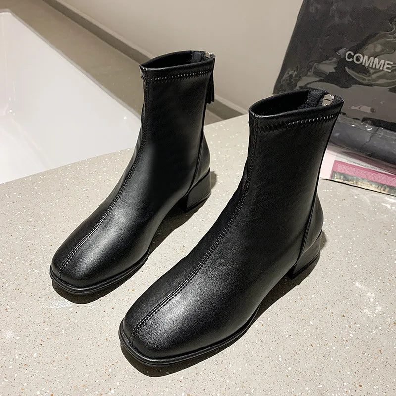 Elastic Socks Boots Women Ankle Boots Women Pumps Heel Thicks  Heel Square Toe Short Boots Retro 2024 New Women Shoe Botas Mujer