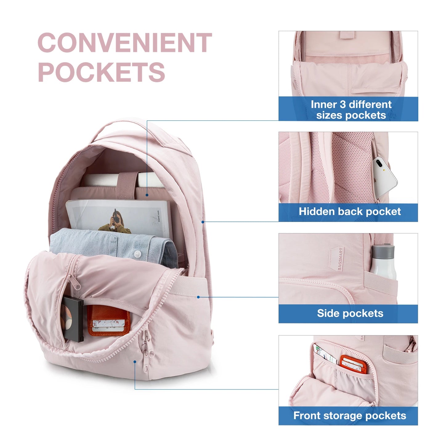 BAGSMART School Bag Women's Backpack 13 Inch Laptop Bag Travel Cute Kawaii Anti Theft Waterproof Nylon Backpacks Women Book Bag