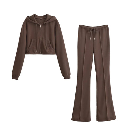 Women's Hooded Zip Up Cropped Jacket and Drawstring Flared Pants Set Cozy and Stylish for Daily and Sporty Looks